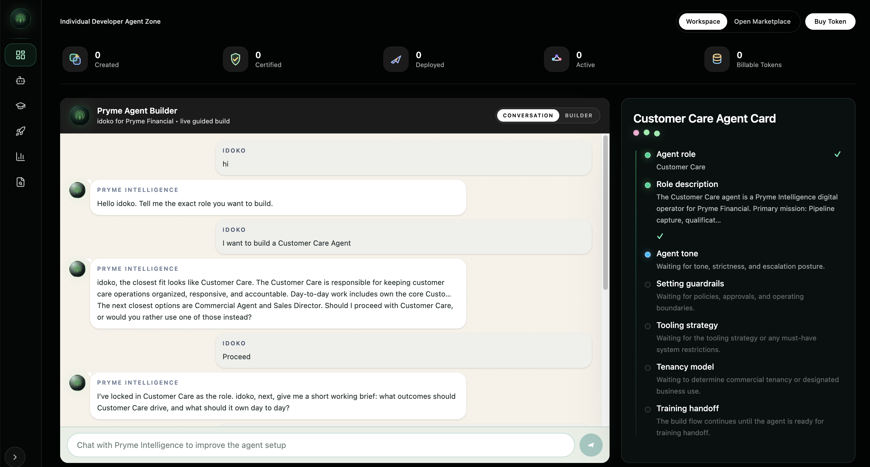 Pryme Intelligence chat-based agent builder inside the Workspace