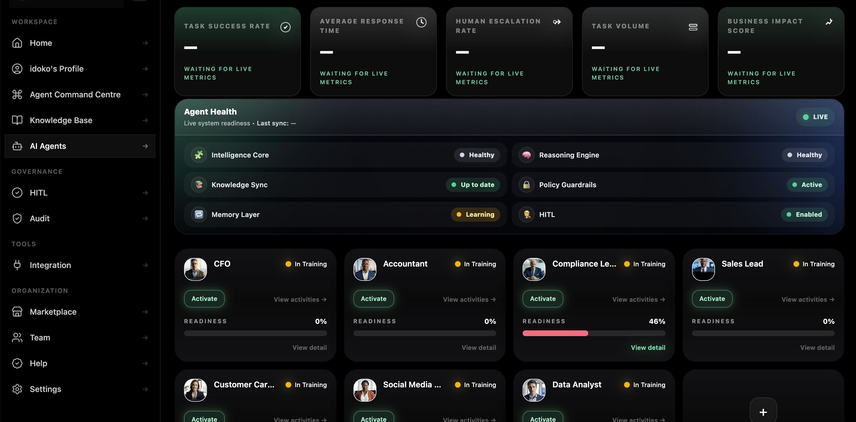 Specialized agent activation screen