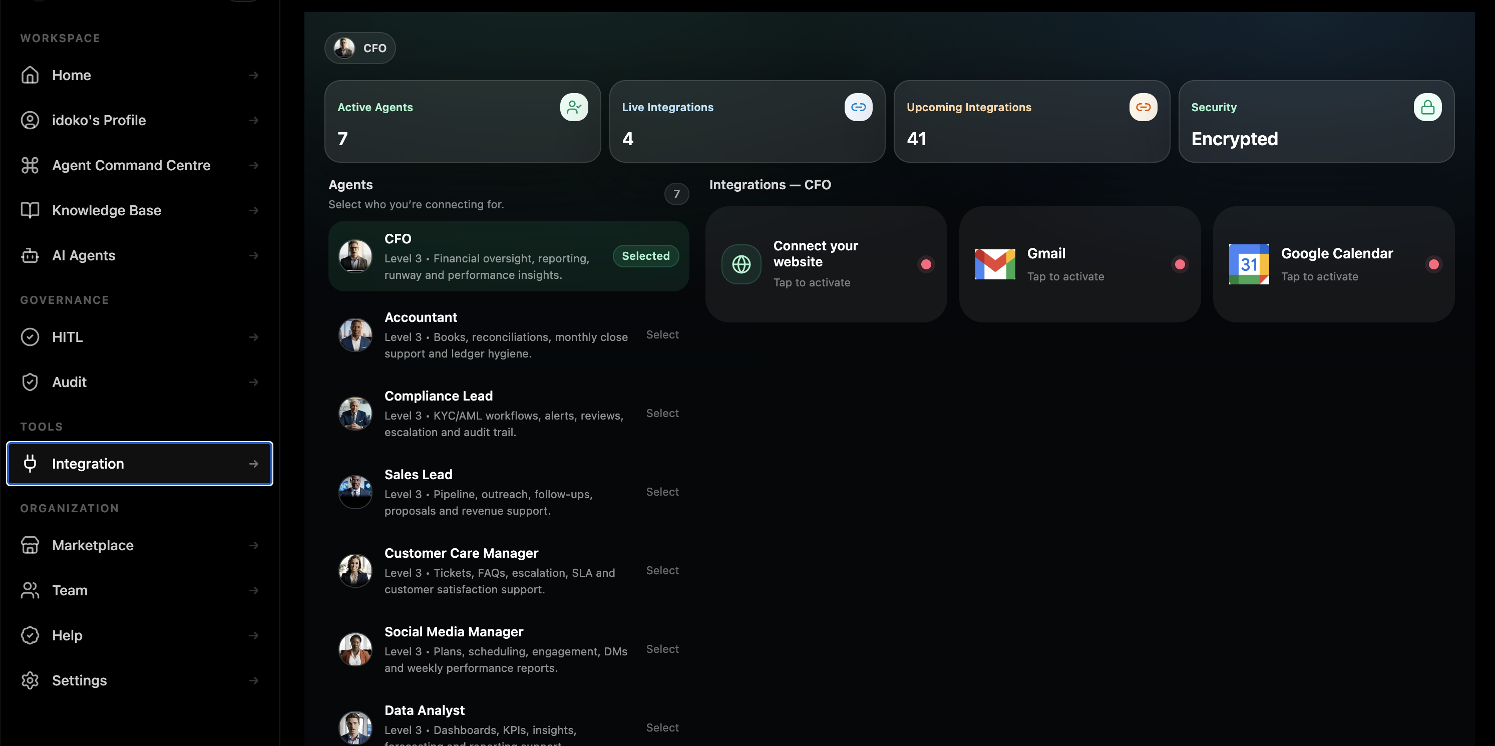 Connected tools and systems screen
