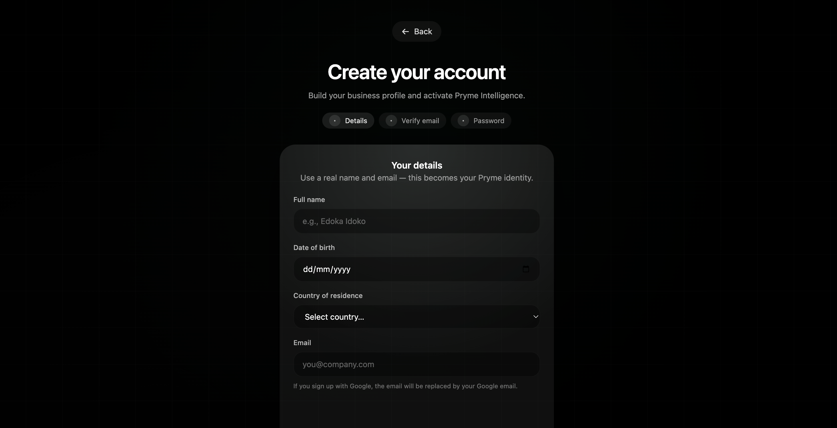 Pryme Intelligence signup page showing Workspace setup